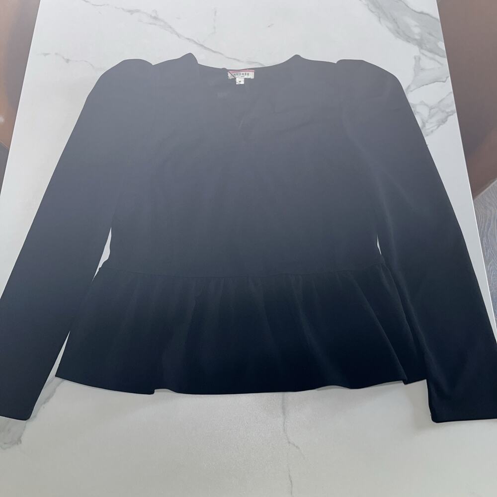 Andree By Unit Womens Medium Black Ruffle Hem Blouse Long Sleeve Deco V Neck NWT